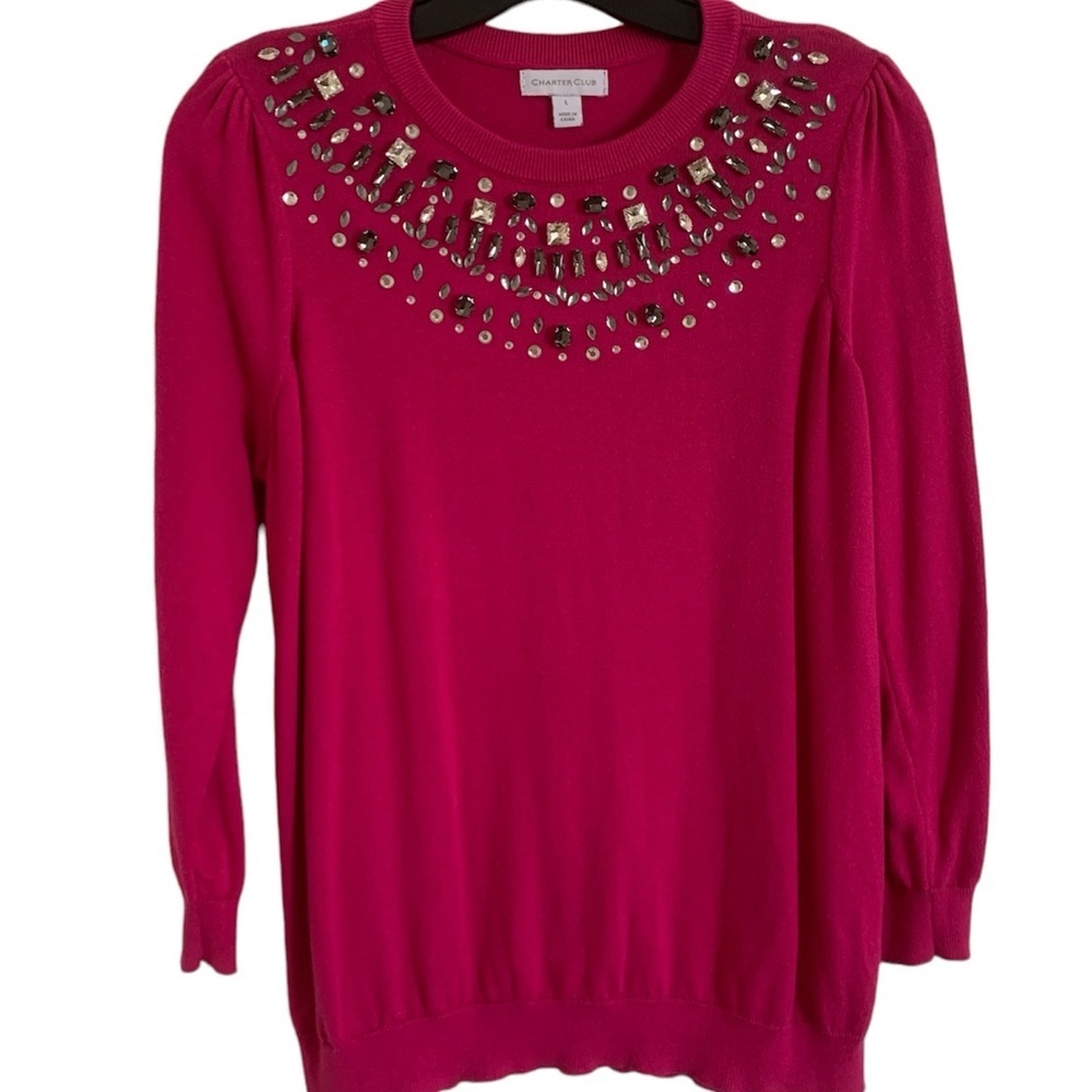 Charter Club Sweater Pink Embellished gem Crew Neck Long Sleeve Top size Large